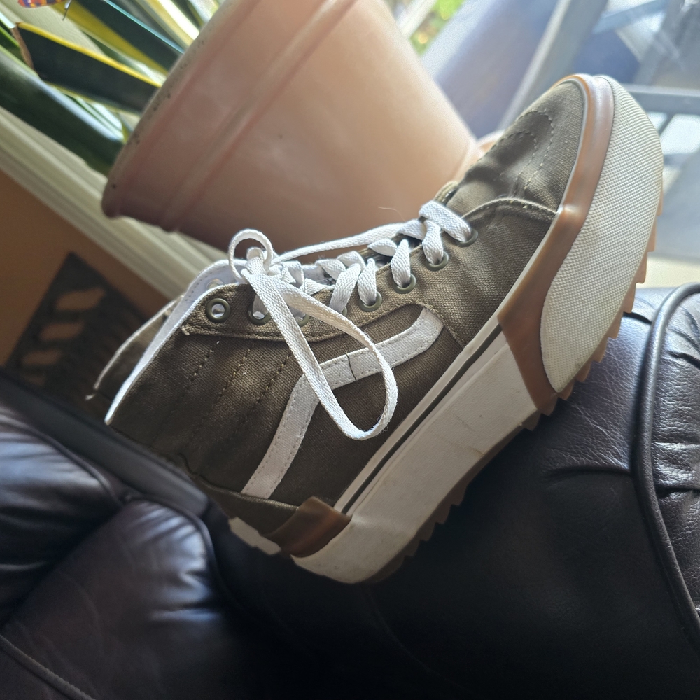 Vans Sk8 Hi Tappered White and Olive Platform Sneakers
